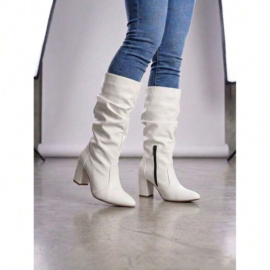 Women's Wrinkled Mid-Calf Boot With Chunky Heel, Premium Comfort, Fashionable, Elegant, Chic Winter Style. - 米白色 - 查看 1