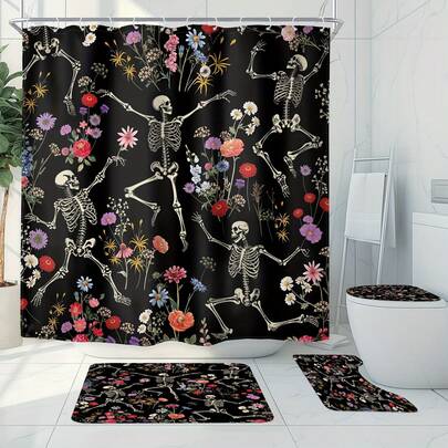 Bộ rèm tắm họa tiết hoa đen độc đáo, họa tiết đầu lâu Gothic nhảy múa với hoa dại đen, phong cách kinh dị sang trọng, chống thấm nước, kèm 12 móc treo, thảm chống trượt phòng tắm, thảm chữ U cho nhà vệ sinh, trang trí nhà cửa.