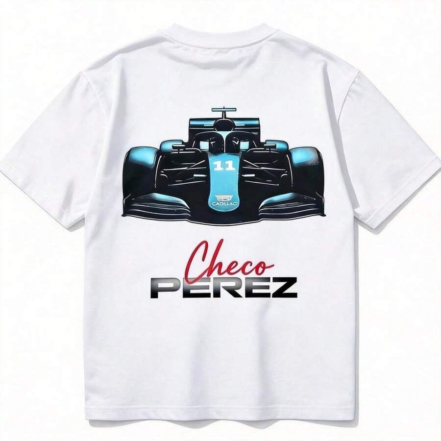 Playera Checo Pérez N ° 11 con Estampado de Sponsors y Auto de Fórmula 1 , Camiseta de Algodón Premium para Hombres y Mujeres Fans de la Mexicana3 - Blanco - Ver 1