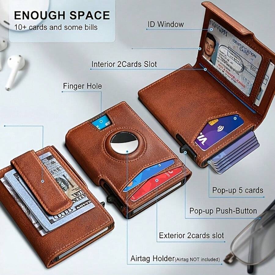 A Stylish Men'S Wallet With A Smart Pop-Up Function, Capable Of Holding 9 To 13 Cards. It Includes RFID Protection, An ID Card Display Area, And A Cash Compartment, All Neatly Packed Into A Compact Bi-Fold Aluminum Design - Men's Wallet - View 1