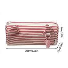 粉色条纹猫耳设计铅笔盒，大容量笔袋，学生拉链文具袋，适用于学校和办公室 - 粉紅色 - 查看 2