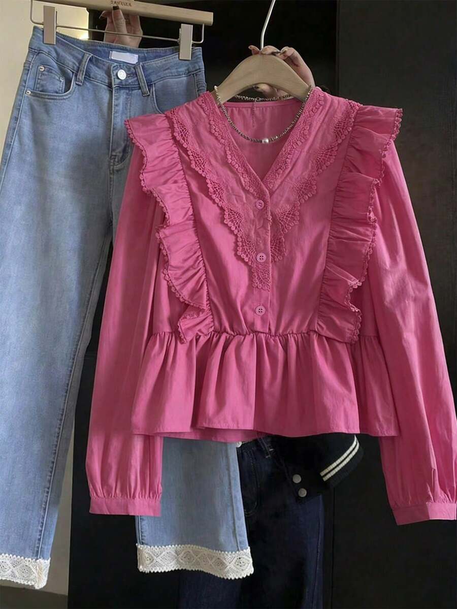 ii Plus Size Casual Solid Color Lace Patchwork Ruffle Trim Long Sleeve Top Spring - Hot Pink - View 1