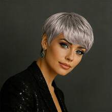 Glueless Grey Color 4-Inch Pixie Cut Human Hair Wig - Brazilian Hair With Bangs, Easy To Wear Cosplay Wig, Straight Layered Look, Ideal For Women's Cosplay & Parties & Date, Hi-POP Music Dancer/Rapper Wear, Cosplay Wig - SGray - View 4