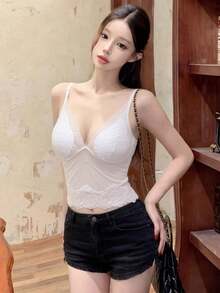 Lace Camisole With Padded Bust, Sexy Cropped Tank Top For Women, Spring/Summer - White - View 7