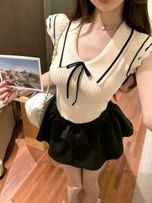 女士夏季柔软针织修身泡泡袖上衣，学院风 - 杏色 - 查看 1