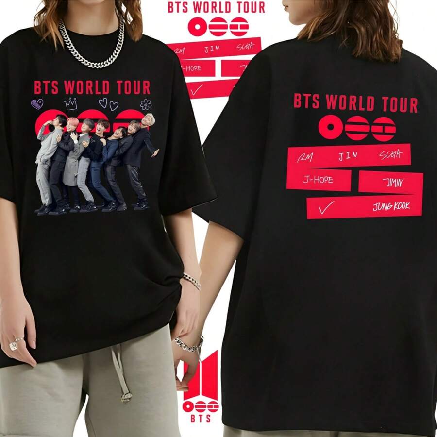 BTSBTS World Tour Inspired Fan T-Shirt, Double-Sided Print (11) - 黑色 - 查看 1
