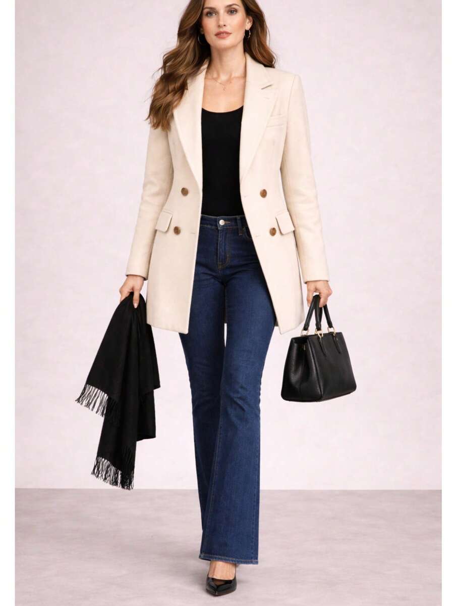 Women's Overcoat, Winter, Autumn, Elegant, Double Button, Office - Nude - 查看 1