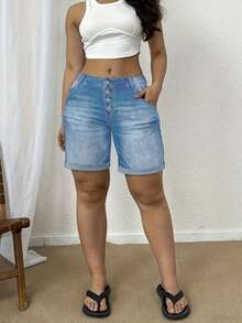 Plus Size Women's Solid Color Cuffed Elastic Fitted Denim Shorts Casual - Light Wash - View 5