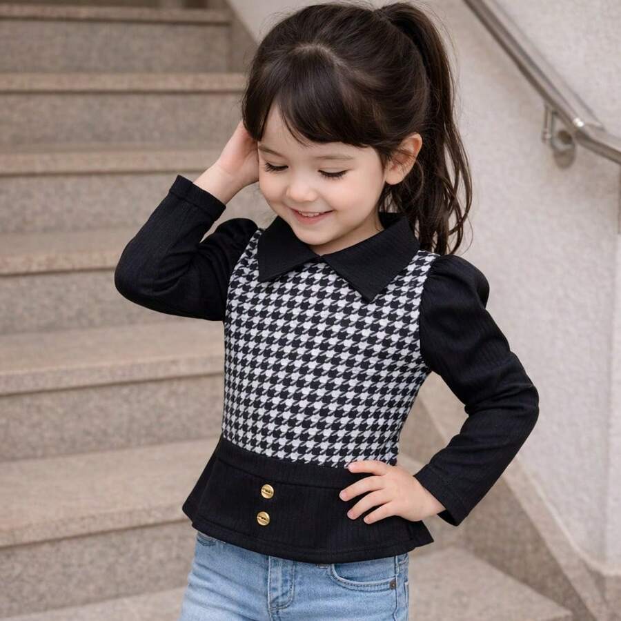 Girls' Long-Sleeved Plaid Shirt For Cold Winter Weather - Ribbed Children's Shirt, Sizes 2-12 Years. - 黑色 - 1 件 - 查看 1