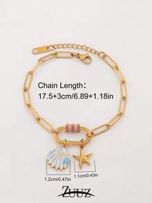 1pc Fashion Paper Clip Stainless Steel Elliptical Buckle Bracelet Shell Starfish Charm Bracelet For Women Ocean Pendant Chain Bracelet For Daily Decoration Best Friend Gifts - Bracelet - View 4