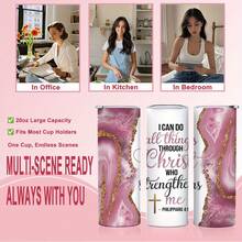 1pc 20oz Stainless Steel Tumbler, 'I Can Do All Things Through Christ' Bible Verse Design With Pink Geode And Golden Glitter, With Lid And Straw, Keep Hot 6H Ice Drinks 12H, Christian Kitchen Accessories, Inspirational Gift For Faithful Women - 白色 - 查看 9
