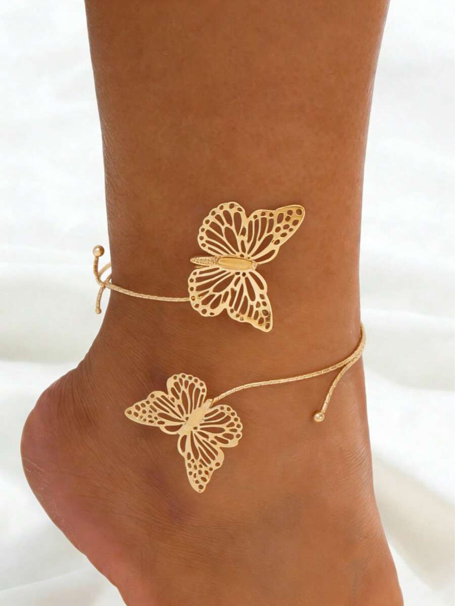 1pc Adjustable Geometric Vintage French Textured Floral Anklet, Women Jewelry Gift - Gold - View 1