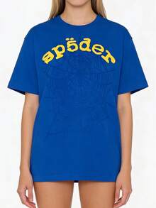 Sp5der Spider Letter Graphic T-Shirt , Hip Hop Streetwear Oversized Tee ,Casual Cotton Shirt - 藍色 - 查看 5