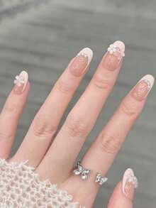 Set de 10 piezas de uñas postizas con diseño floral, nuevo estilo de primavera y verano, estilo francés, dulce e inocente, femenino, hecho a mano, arte de uñas utilizable. Uñas postizas - Multicolor - Ver 2