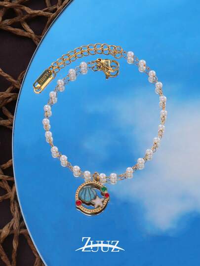 1pc Fashion Stainless Steel Epoxy Round Shell Starfish Charm Bracelets For Women Ocean Pendant Pearl Chain Bracelet Jewelry Best Friends Gifts Suitable For Women Daily Wear