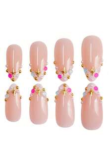 24pcs White French Style Medium Long Fake Nails - Baby Pink - View 5