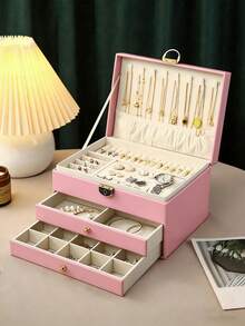 1pc Large-Capacity Three-Layer Jewelry Box,[US-Based Shipping]Pu Leather Multi-Functional Jewelry Box, Watch Box With Lock, 3-Layer Large Capacity Jewelry Storage Box,For Earrings, Rings,Watches,Bracelets And Other Accessories, Organizing And Storing - 粉色 - 查看 8