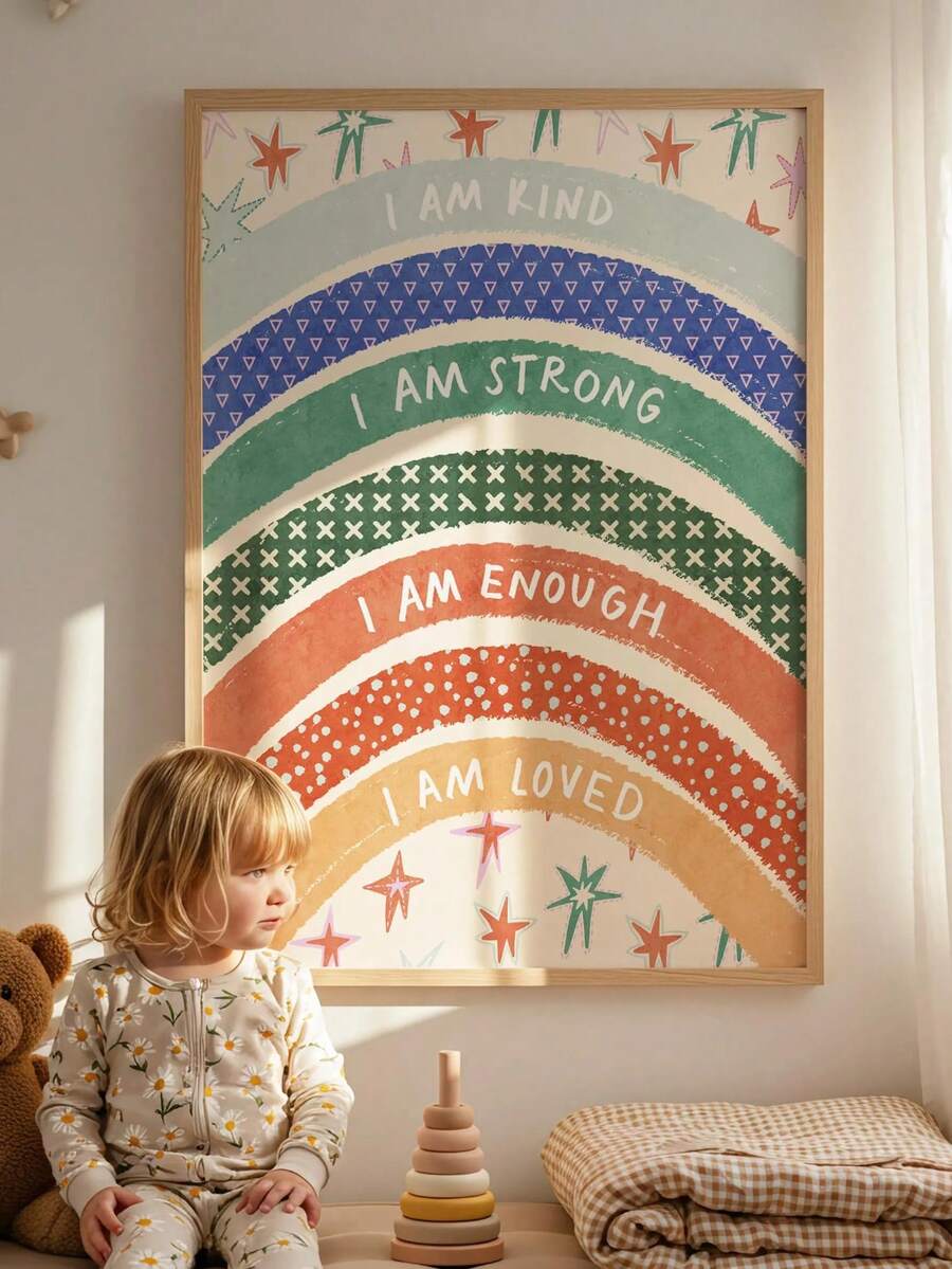 1pc Canvas Waterproof Framed Wall Art, Children's Room Decor Painting, "I Am Kind" Kids Room Decor Painting, Rainbow Inspirational Quote Kids Game Room Poster, Nursery Wall Decor, Children's Motivational Poster, Confidence Boosting Classroom Decor, Boho Style Kids Room Decoration, Positive Affirmation, Wall Decor, Baby Gift - Multicolor - View 1