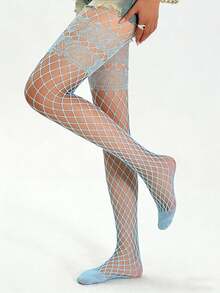 1 đôi quần tất lưới màu xanh dương với họa tiết Pháp và dây jacquard giả, tất lưới gợi cảm với thiết kế dây đeo ảo giác, thích hợp mặc hàng ngày. - Nhiều màu - Xem 2