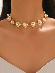 1 chiếc vòng cổ choker hợp kim kiểu dáng cổ điển, đính ngọc trai giả hình học độc đáo, thích hợp đeo hàng ngày và dự tiệc. - Nhiều màu 1 - Xem 1