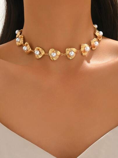 1 Stück kreatives geometrisches Halskette mit aufgesetzten Perlen, vintage und modisch aus Legierung, vielseitig für den täglichen Gebrauch und Partys geeignet