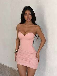 1 pieza Vestido elegante sin tirantes tejido en rosa, vestido ajustado con patchwork brillante y dobladillo asimétrico, adecuado para verano, cumpleaños, baile de graduación, graduación, cita, salida - Rosa - Ver 6