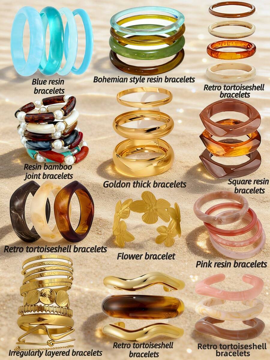 Random 12/7/4/3/1 Pcs Vintage Elegant Bohemian Summer Holiday Minimalist Basic Bracelet Set, Colorful Bamboo Knot, Tie Dye Resin, Golden Geometric Irregular, Carved Flower Cuff Bracelets, Suitable For Women Daily, Beach, Party, Y2K Cute Jewelry Gift - Multicolor - View 1