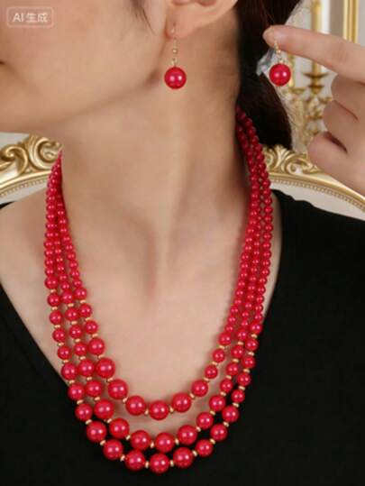 1 Set Handmade Exaggerated Multi-Layer Faux Pearl Beaded Necklace, Bohemian Style Beach Resort Party Middle Eastern Evening Banquet South Asian Fashion Elegant Women Jewelry Necklace & Earrings