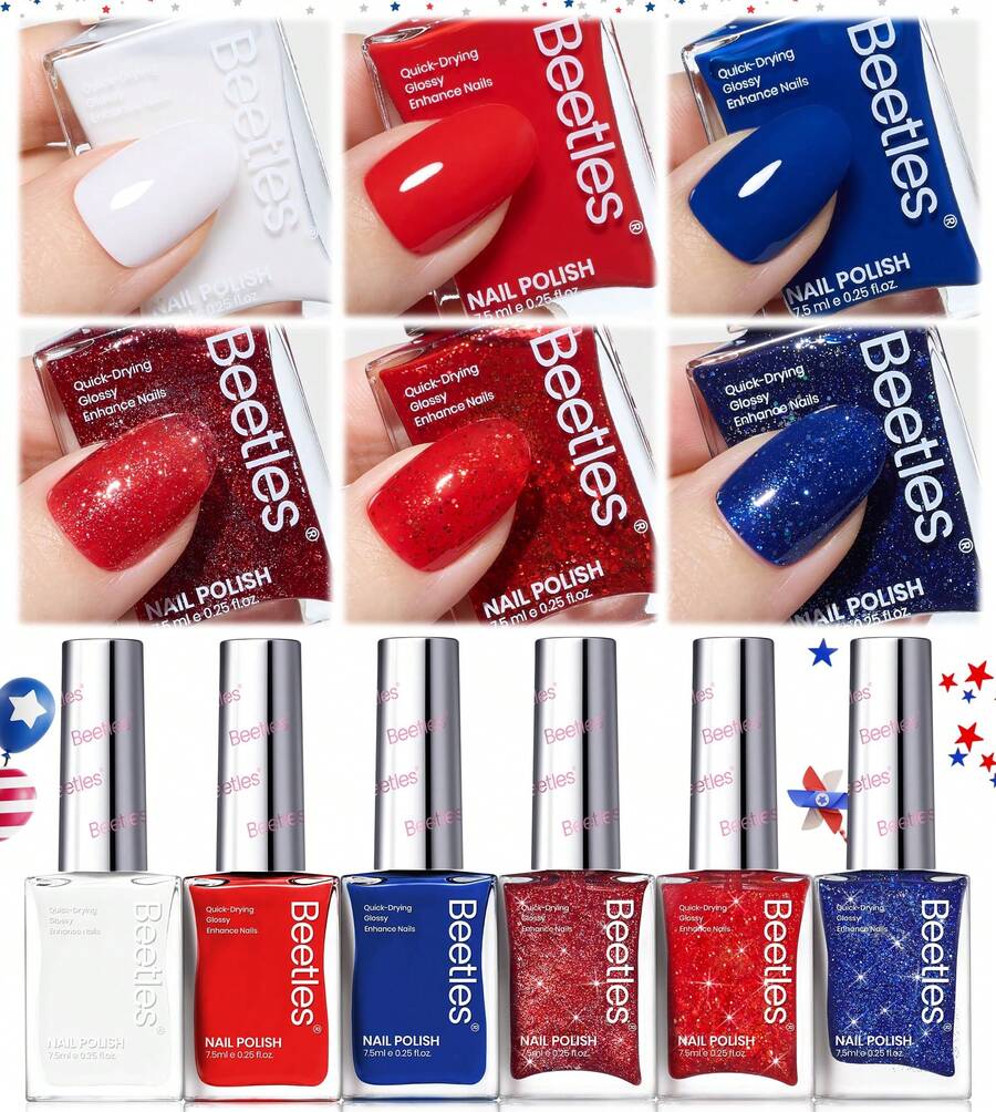 Beetles 6 Colors 7.5ml/0.25 Fl Oz Nail Polish Set - Love In Echo Quick Dry Spring Formula, Salon Long Lasting DIY Pastel Nail Art Gifts For Women - Pháo hoa đêm khuya 6 màu - Xem 1