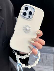 1pc French Court Style Pearl Lace Phone Case With Matching 3D Heart Chain, Shockproof, Anti-Slip & Scratch-Resistant, Compatible With IPhone 17 Pro Max, 17/16/15/14/13/12/11 Series, S20-S25 Series, Note 14/13/12 Series & A56 5G, Perfect Valentine's Day / New Year Gift - White - View 3