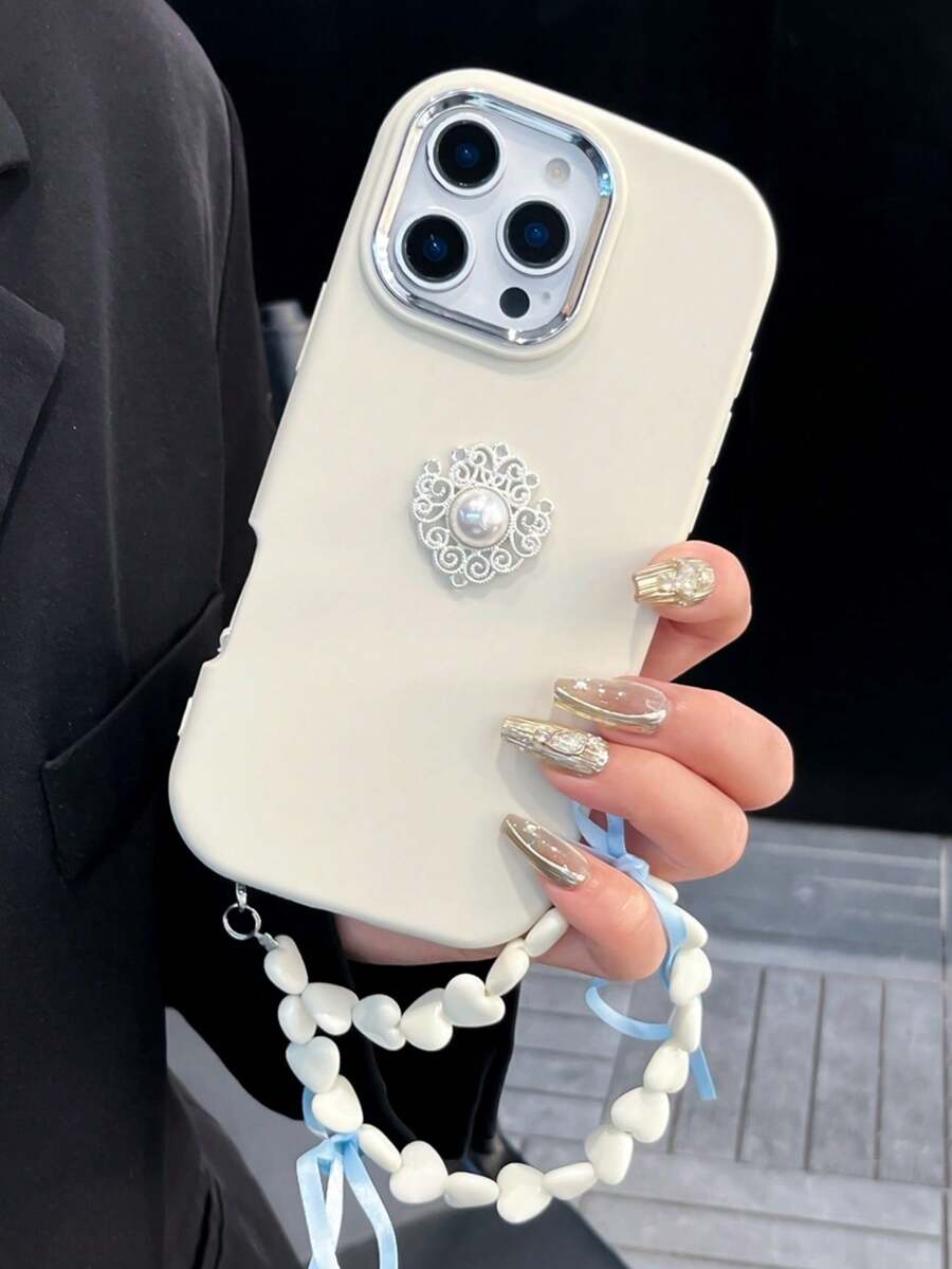 1pc French Court Style Pearl Lace Phone Case With Matching 3D Heart Chain, Shockproof, Anti-Slip & Scratch-Resistant, Compatible With IPhone 17 Pro Max, 17/16/15/14/13/12/11 Series, S20-S25 Series, Note 14/13/12 Series & A56 5G, Perfect Valentine's Day / New Year Gift