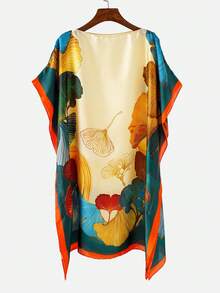1件女士时尚优雅银杏叶印花仿丝修身短款浴袍，春夏海滩休闲度假防晒披肩 - 彩色 - 查看 4