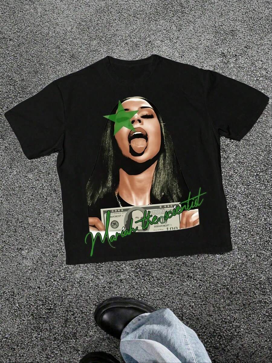 Mariah The Scientist Graphic Print T-Shirt, Soft Casual Short Sleeves, 6.35 Oz Heavyweight Printed T-Shirt - 黑色 - 查看 1