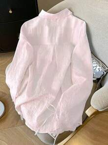 Women's Solid Color Minimalist Casual Bow Decor Long Sleeve Sun Protection Top - Baby Pink - View 2