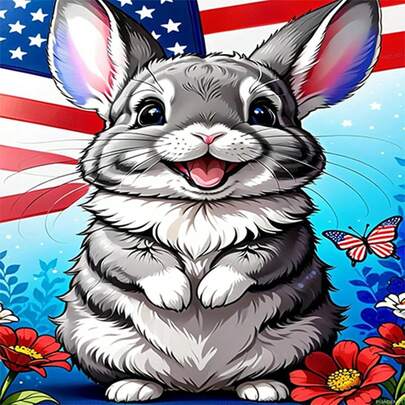 1幅5D DIY钻石画，可爱兔子美国国旗背景，卡通动物、蝴蝶和花卉钻石刺绣，手工装饰钻石艺术品，完美的节日礼物