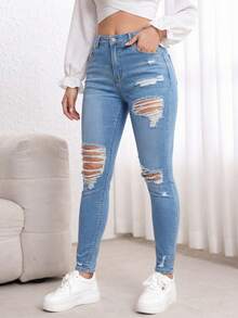 浅色水洗做旧高腰紧身牛仔裤，带有破洞细节，弹力街头风，适合春夏休闲、上学、派对穿着（Y2K朋克风） - 藍色 - 查看 2