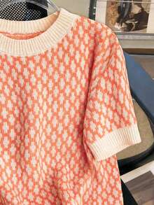 Top lavorato a maglia dai colori a contrasto, dolce e femminile, fresco e giovanile, in seta ghiacciata con costine e inserti, casual per casa e vacanze, adatto per primavera/estate - Arancione - Visualizzare 5