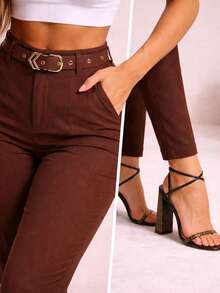 Women's Tailored Dress Pants With Elegant Belt And Buckle, Skinny Style, High Waist. - 鏽棕色 - 查看 5