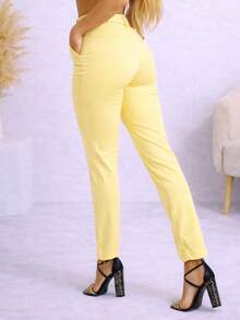 Women's Tailored High-Waisted Trousers With Shaping Belt, Straight Leg, Modern, Slim Fit, Elegant, Premium, Casual, Chic, Party Style - 黃色 - 查看 3