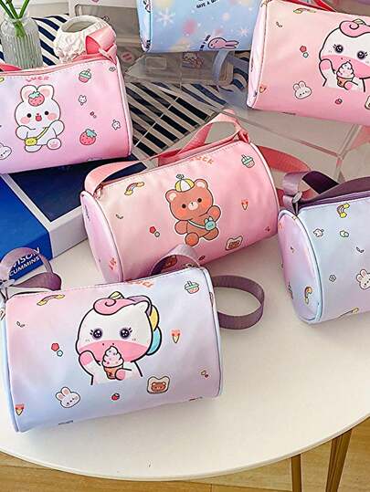Túi đeo vai in hình kỳ lân hoạt hình, túi đeo chéo hình trụ thiết kế hình thỏ dễ thương dành cho thanh thiếu niên.