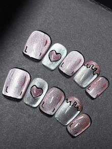 1package/10pcs-Pink Glitter Cat Eye Press On Nails | Heart & Dripping French Design | Cute Y2K Short Square Fake Nails - Pink - View 3