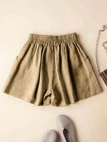 Plus Size Women's Casual Linen Elastic Waist Shorts With Pockets, Spring/Summer - Camel - View 2