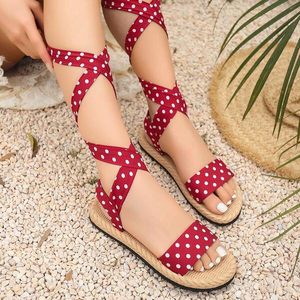 Sandalias planas de verano para mujer con cordones, sin cordones, decoración de lunares, suela blanda, parte superior blanda, zapatos planos para vacaciones y playa