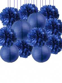 16pcs/Set Blue Paper Lanterns & Pom Pom Flowers Combo (Includes Strings), Vibrant Navy Blue Japanese Paper Lanterns - Round, Battery-Free, Easy Assembly Decorative Hanging Lights, Suitable For Home, Party, Graduation, Back To School, Wedding, Photography, Garden Decor - Multicolor - View 3