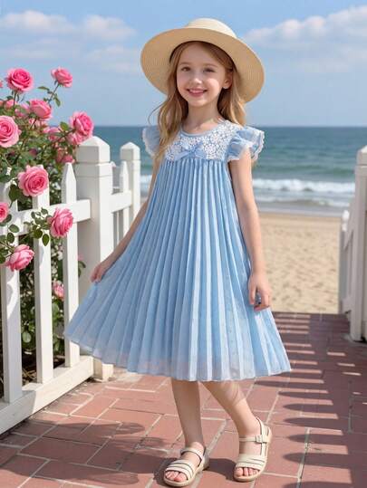Letnia, dziewczęca, nowa, śliczna, koronkowa, rozszerzana, plisowana, żakardowa sukienka na co dzień z kokardką, jednokolorowa, sukienka księżniczki