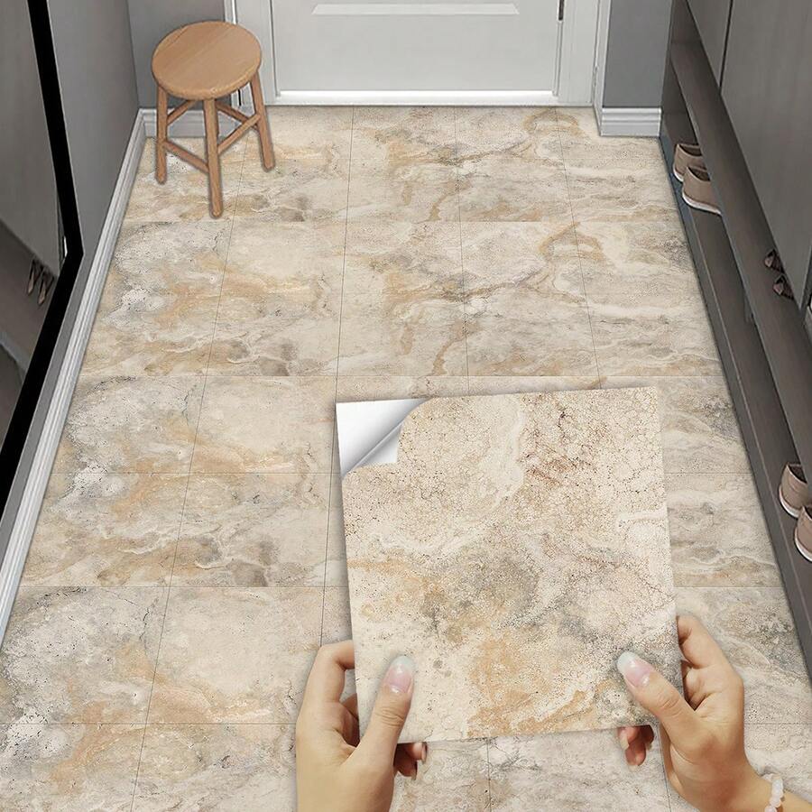 1 Pack (10pcs) Marble Pattern 2D Flat Wall Stickers, PVC Self-Adhesive Removable Tile Stickers, Suitable For Home, Kitchen, Room, Wall, Floor Decor