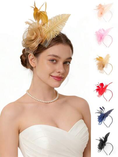 1Pc Fascinators Hat Flower Mesh Feathers On A HeadbandTea Party Headwear For Girls And Women