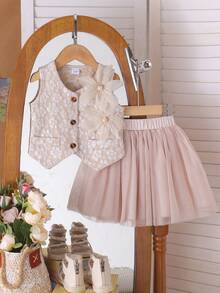 2pcs Young Girls Elegant Lady-Like Apricot Cardigan Vest Jacket + Mesh Skirt Set, Graceful Mori Style, Spring/Summer - Apricot - View 3