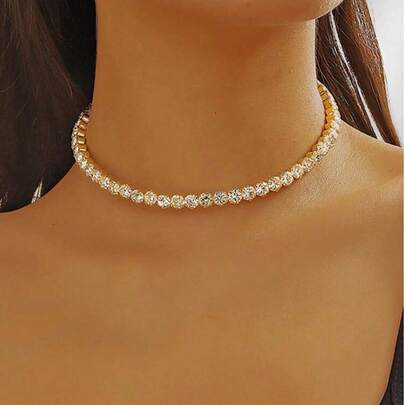 1条女士全水晶水钻颈链，百搭晚礼服配饰，固定式项链