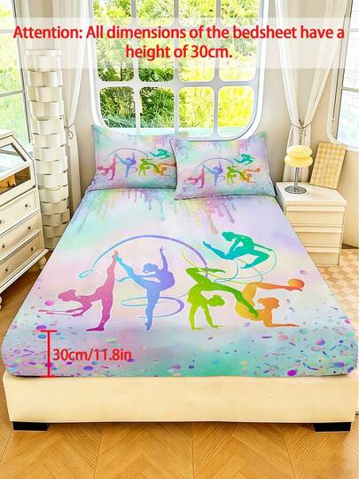 Bộ ga trải giường 3 món họa tiết thể dục dụng cụ nhiều màu sắc, chất liệu microfiber mềm mại, sống động, có độ sâu và họa tiết cầu vồng loang màu nước, thoáng khí và chống trơn trượt, lý tưởng cho phòng ngủ bé gái, phòng tập nhảy và các bữa tiệc theo chủ đề thể thao.